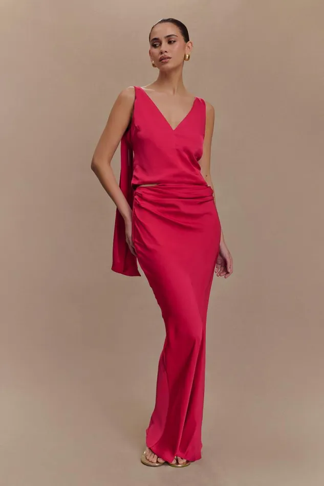 Women Meshki Bottoms Nicola Satin Asymmetric Maxi Skirt 8211 Pink Cherry