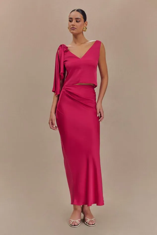 Women Meshki Bottoms Nicola Satin Asymmetric Maxi Skirt 8211 Pink Cherry