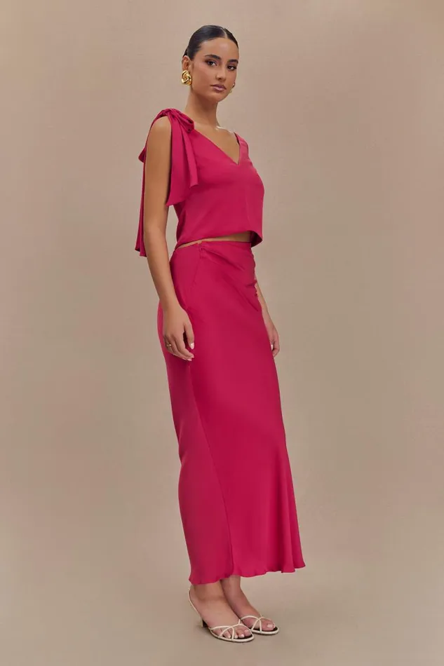 Women Meshki Bottoms Nicola Satin Asymmetric Maxi Skirt 8211 Pink Cherry