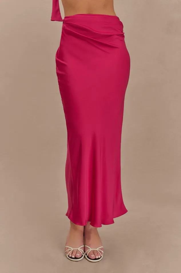 Women Meshki Bottoms Nicola Satin Asymmetric Maxi Skirt 8211 Pink Cherry