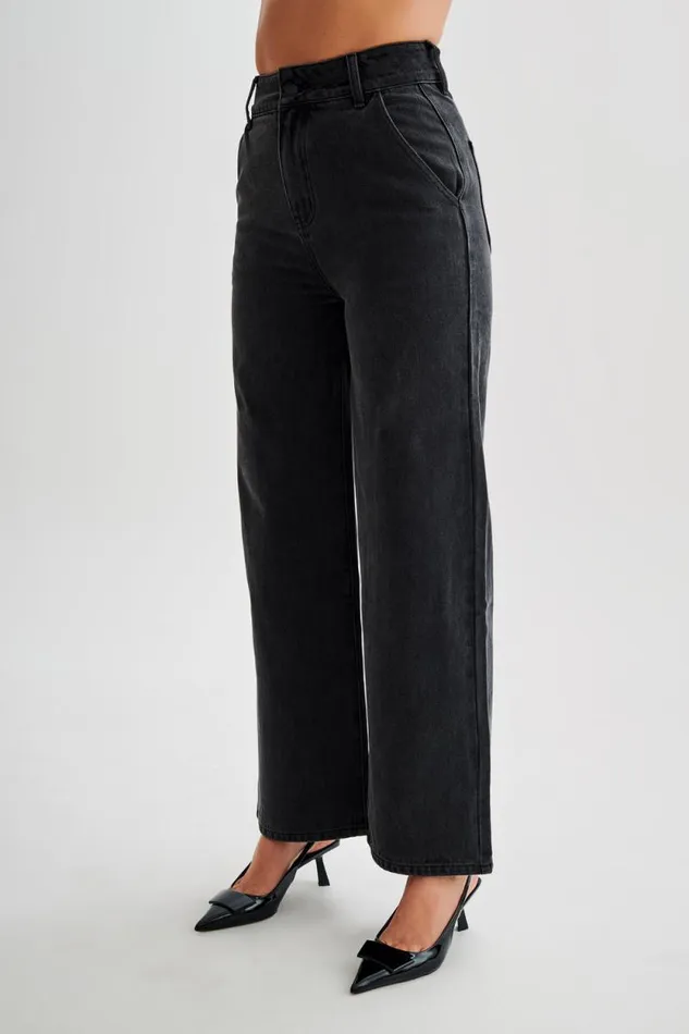 Women Meshki Bottoms Roxy Wide Leg High Waist Denim Jeans 8211 Washed Black