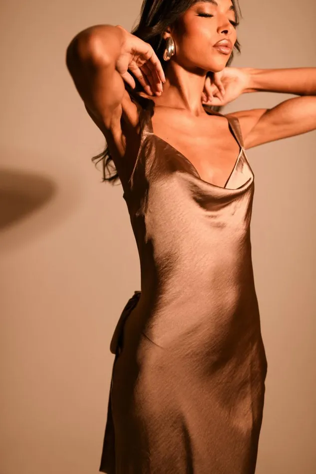 Women Meshki Dresses Caellie Satin Cowl Maxi Dress 8211 Taupe