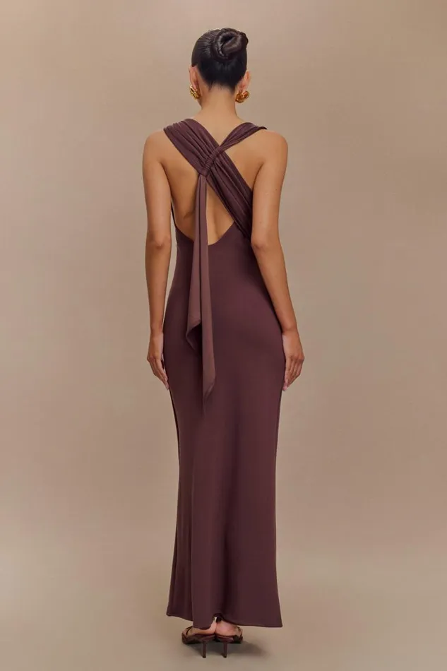 Women Meshki Dresses Catelyn Asymmetrical Scuba Jersey Midi Dress 8211 Cacao Brown