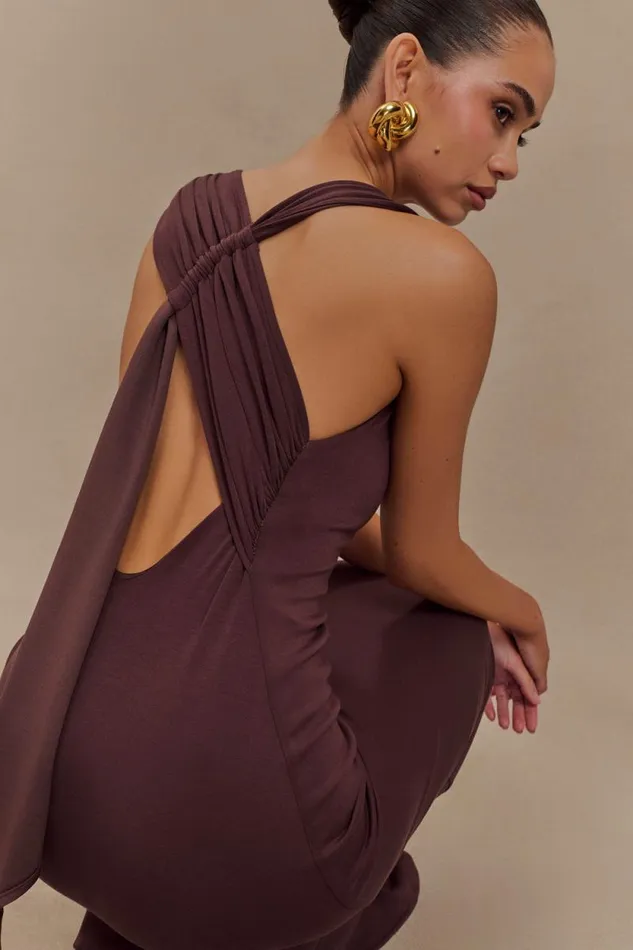 Women Meshki Dresses Catelyn Asymmetrical Scuba Jersey Midi Dress 8211 Cacao Brown