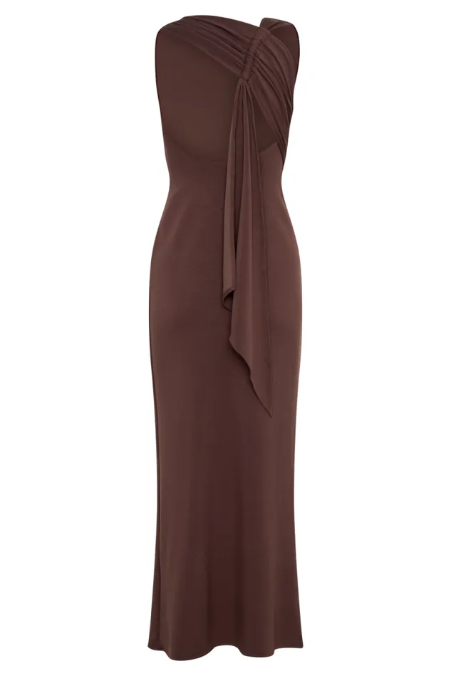 Women Meshki Dresses Catelyn Asymmetrical Scuba Jersey Midi Dress 8211 Cacao Brown