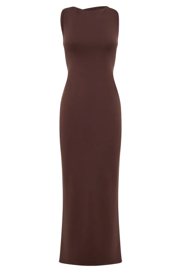 Women Meshki Dresses Catelyn Asymmetrical Scuba Jersey Midi Dress 8211 Cacao Brown