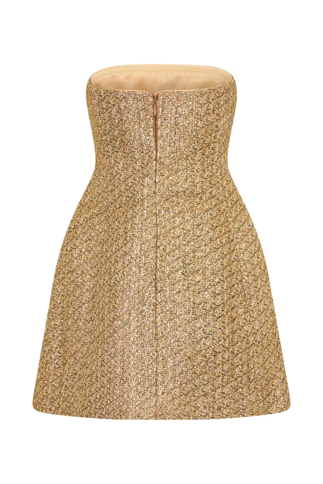 Women Meshki Dresses Gala Strapless Tweed Mini Dress 8211 Gold