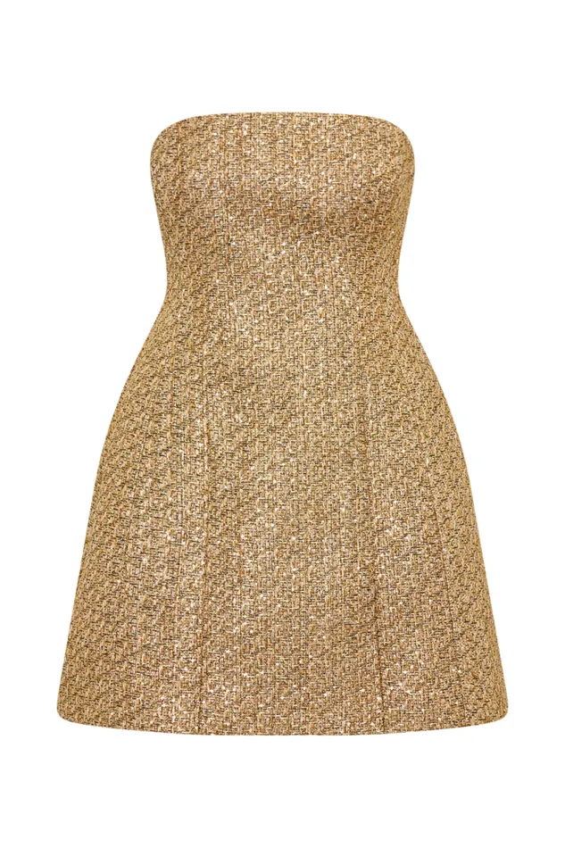 Women Meshki Dresses Gala Strapless Tweed Mini Dress 8211 Gold