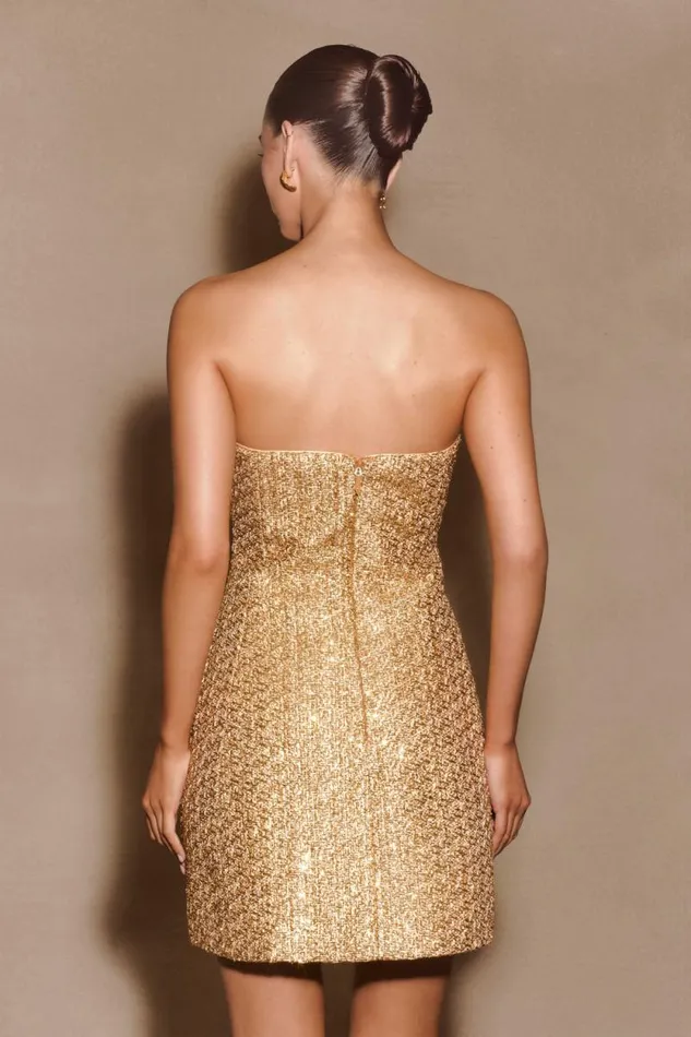 Women Meshki Dresses Gala Strapless Tweed Mini Dress 8211 Gold