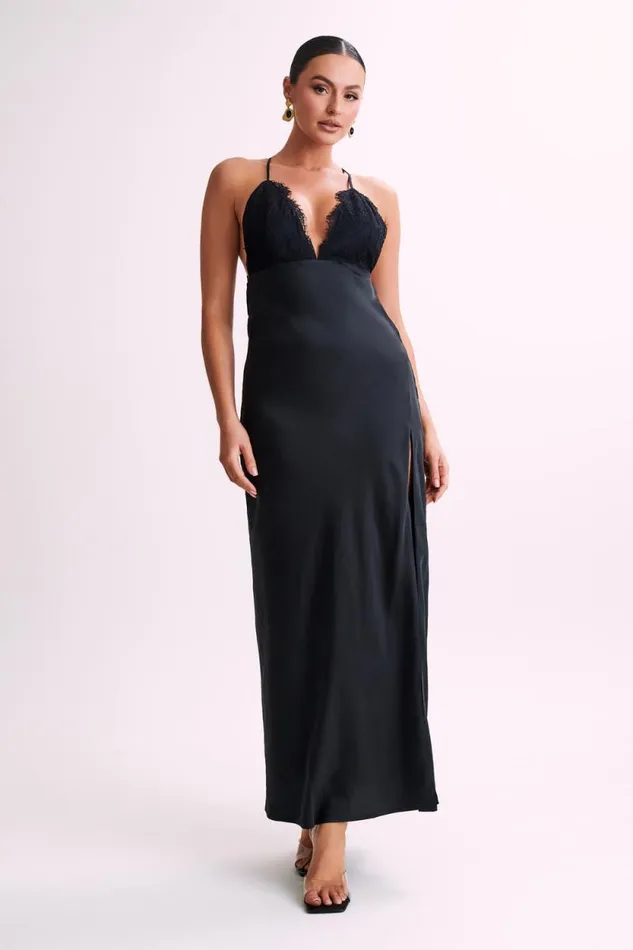Women Meshki Dresses Gina Satin Slip Maxi Dress With Lace 8211 Black