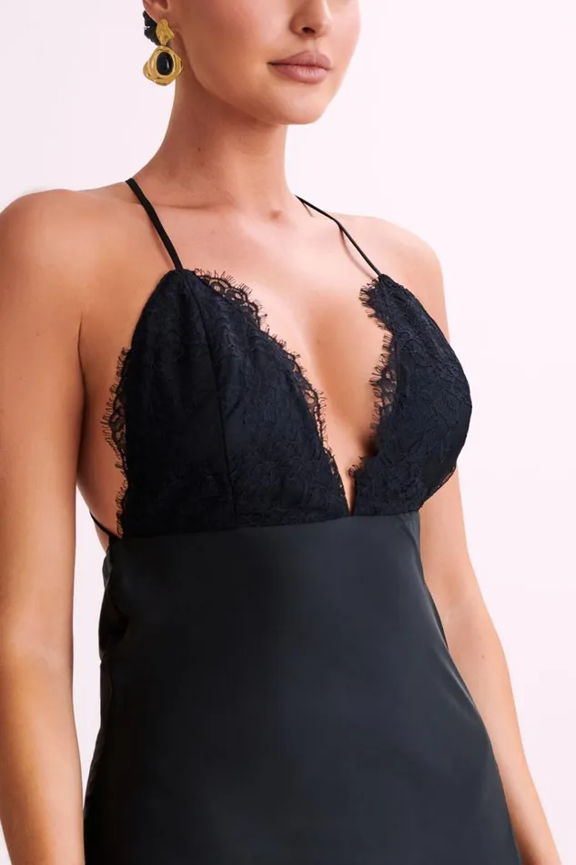 Women Meshki Dresses Gina Satin Slip Maxi Dress With Lace 8211 Black
