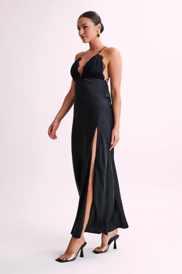 Women Meshki Dresses Gina Satin Slip Maxi Dress With Lace 8211 Black