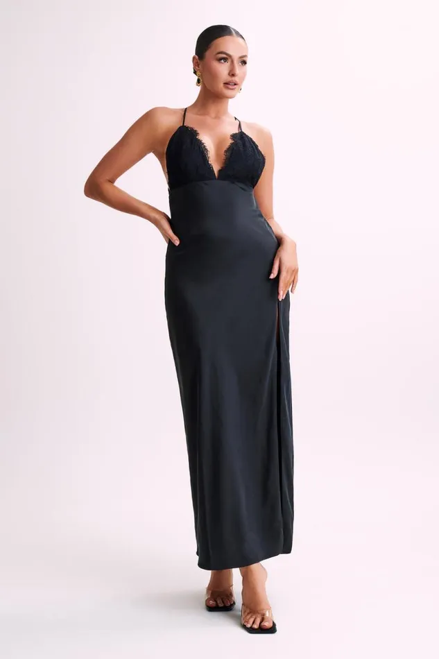 Women Meshki Dresses Gina Satin Slip Maxi Dress With Lace 8211 Black