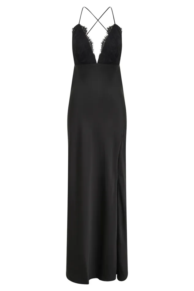 Women Meshki Dresses Gina Satin Slip Maxi Dress With Lace 8211 Black