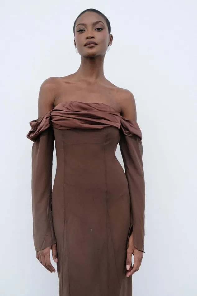 Women Meshki Dresses Ivanna Off Shoulder Chiffon Maxi Dress 8211 Mocha