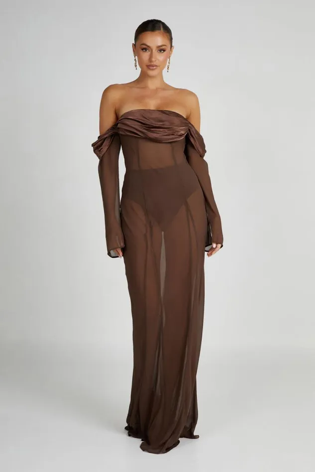 Women Meshki Dresses Ivanna Off Shoulder Chiffon Maxi Dress 8211 Mocha