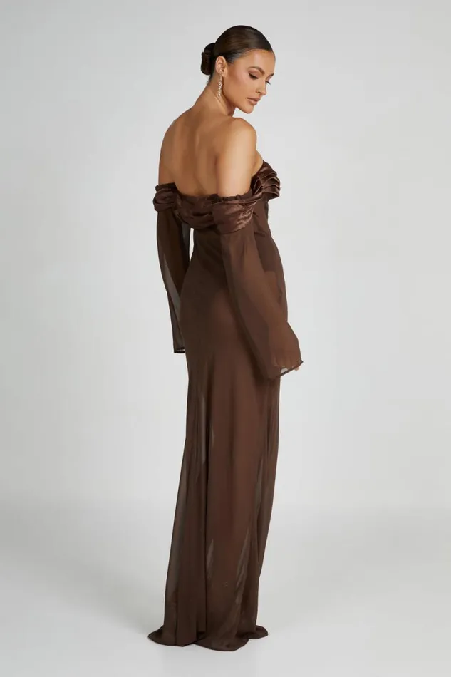 Women Meshki Dresses Ivanna Off Shoulder Chiffon Maxi Dress 8211 Mocha