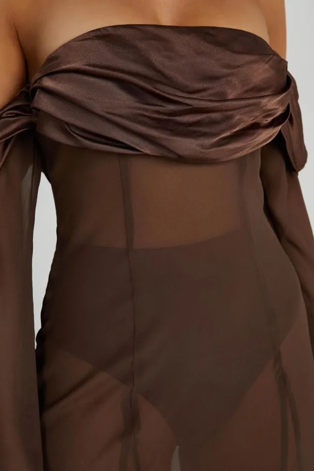 Women Meshki Dresses Ivanna Off Shoulder Chiffon Maxi Dress 8211 Mocha