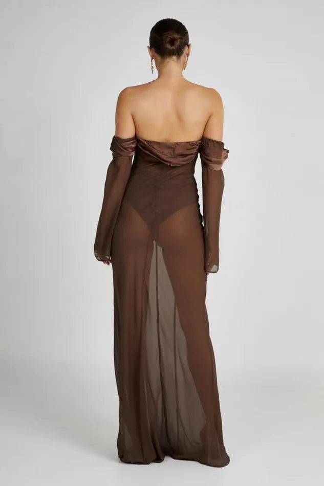 Women Meshki Dresses Ivanna Off Shoulder Chiffon Maxi Dress 8211 Mocha