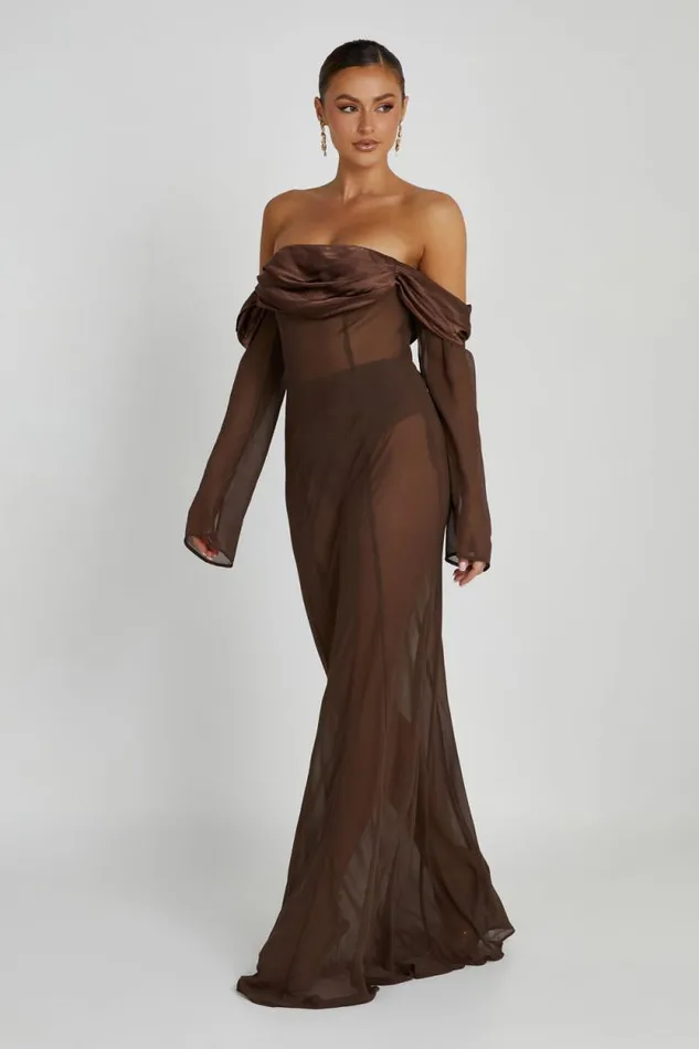 Women Meshki Dresses Ivanna Off Shoulder Chiffon Maxi Dress 8211 Mocha