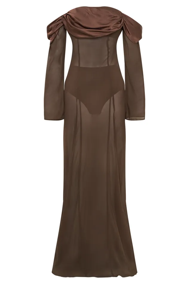 Women Meshki Dresses Ivanna Off Shoulder Chiffon Maxi Dress 8211 Mocha