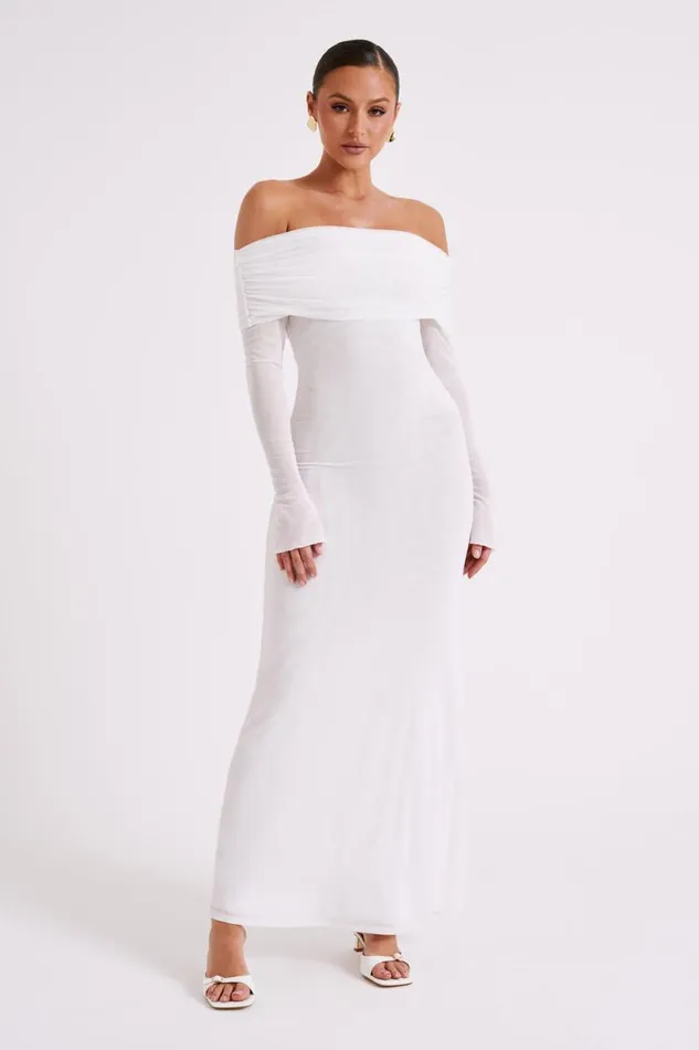 Women Meshki Dresses Josie Off Shoulder Mesh Maxi Dress 8211 Ivory