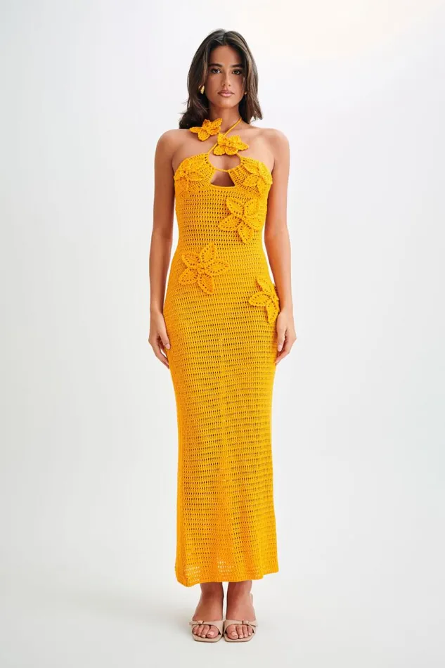 Women Meshki Dresses Kyla Floral Crochet Maxi Dress 8211 Orange Sherbet