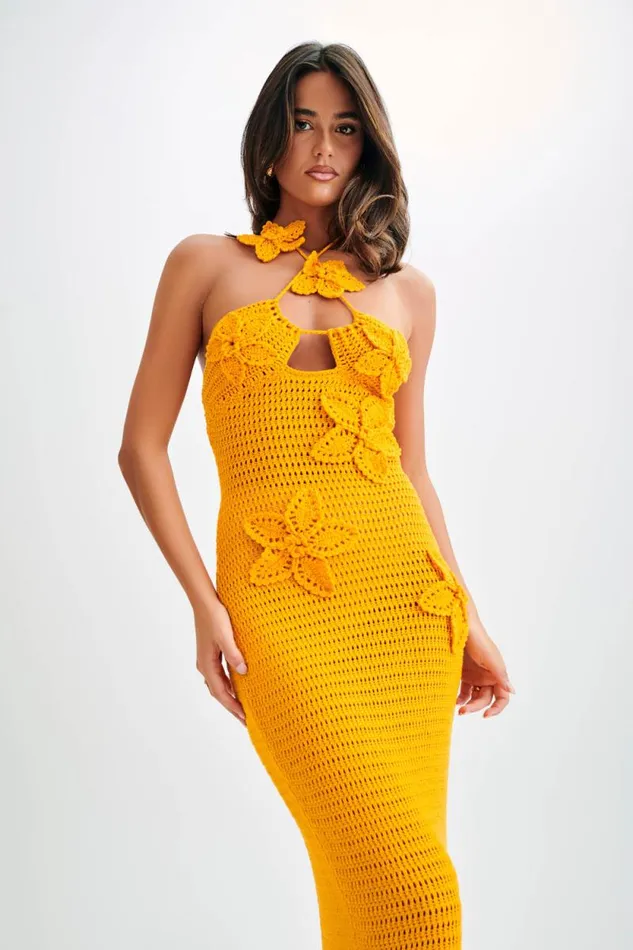 Women Meshki Dresses Kyla Floral Crochet Maxi Dress 8211 Orange Sherbet