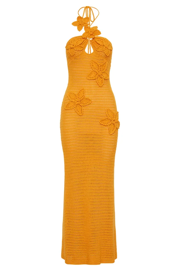 Women Meshki Dresses Kyla Floral Crochet Maxi Dress 8211 Orange Sherbet
