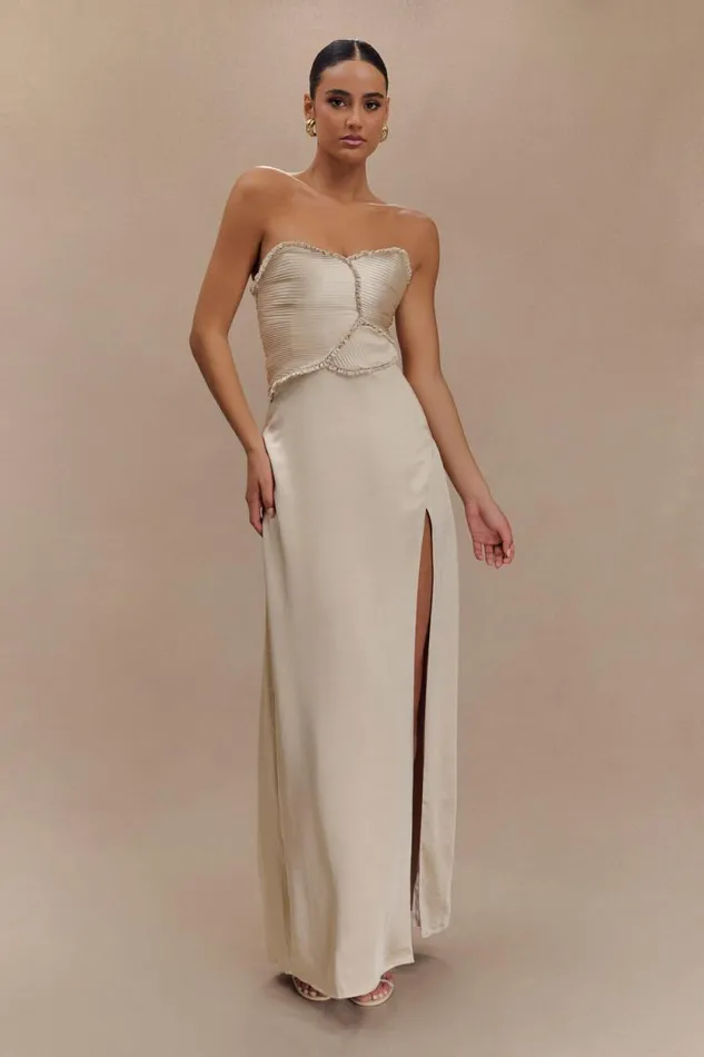 Women Meshki Dresses Larissa Satin Maxi Dress With Ruched Petals 8211 Champagne