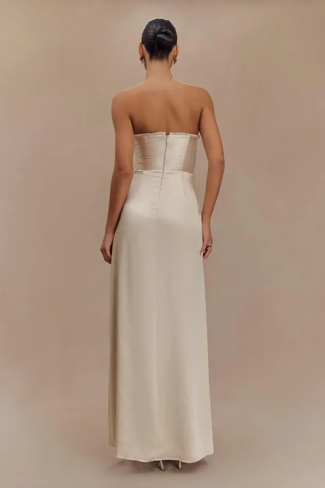 Women Meshki Dresses Larissa Satin Maxi Dress With Ruched Petals 8211 Champagne
