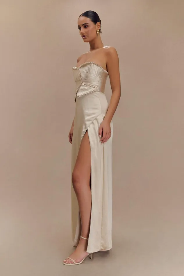 Women Meshki Dresses Larissa Satin Maxi Dress With Ruched Petals 8211 Champagne