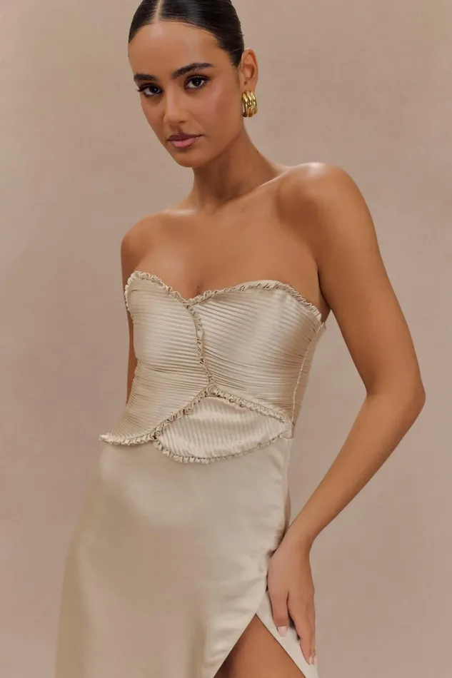 Women Meshki Dresses Larissa Satin Maxi Dress With Ruched Petals 8211 Champagne