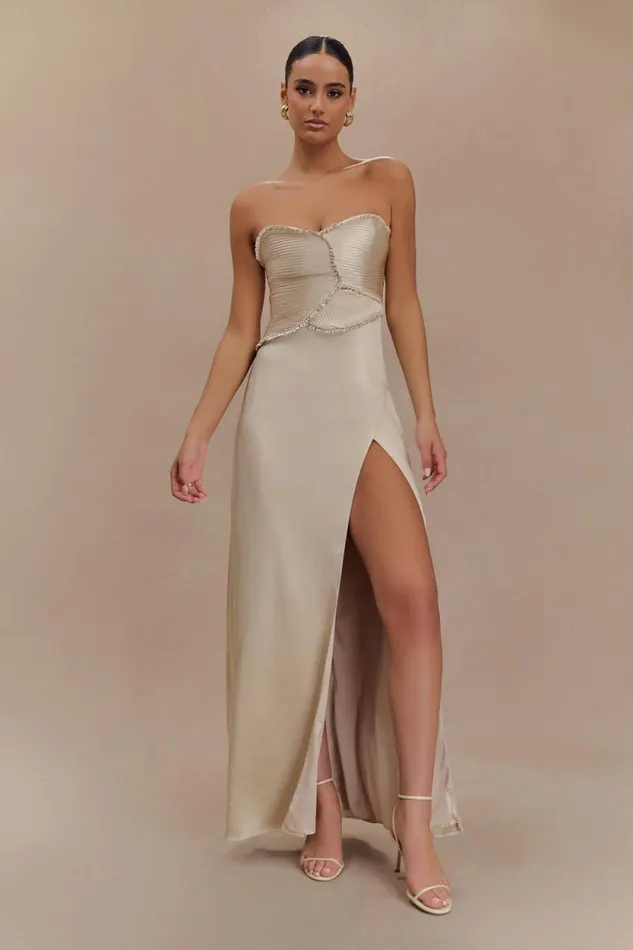 Women Meshki Dresses Larissa Satin Maxi Dress With Ruched Petals 8211 Champagne