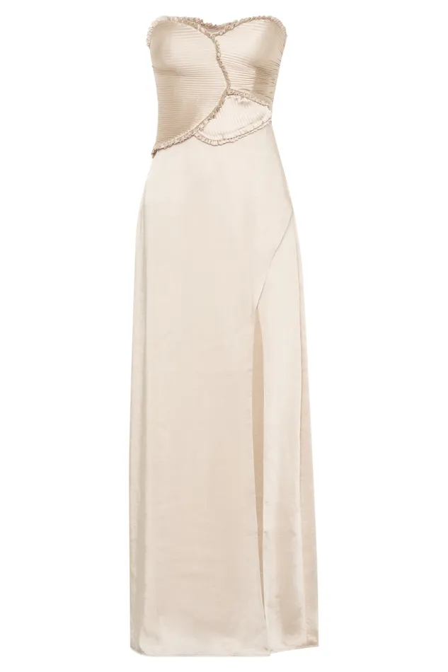 Women Meshki Dresses Larissa Satin Maxi Dress With Ruched Petals 8211 Champagne