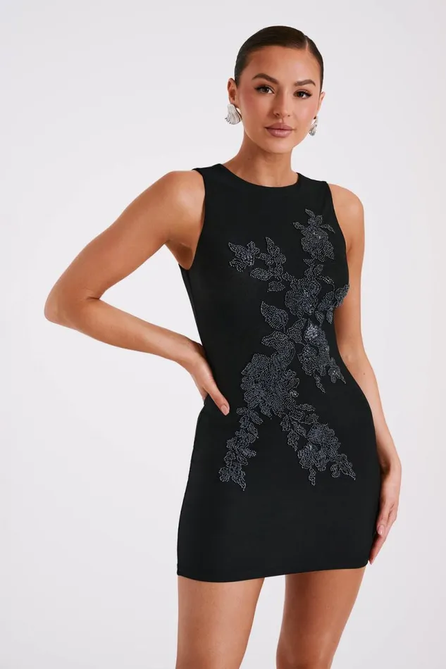 Women Meshki Dresses Liliana Beaded Flower Mesh Mini Dress 8211 Black