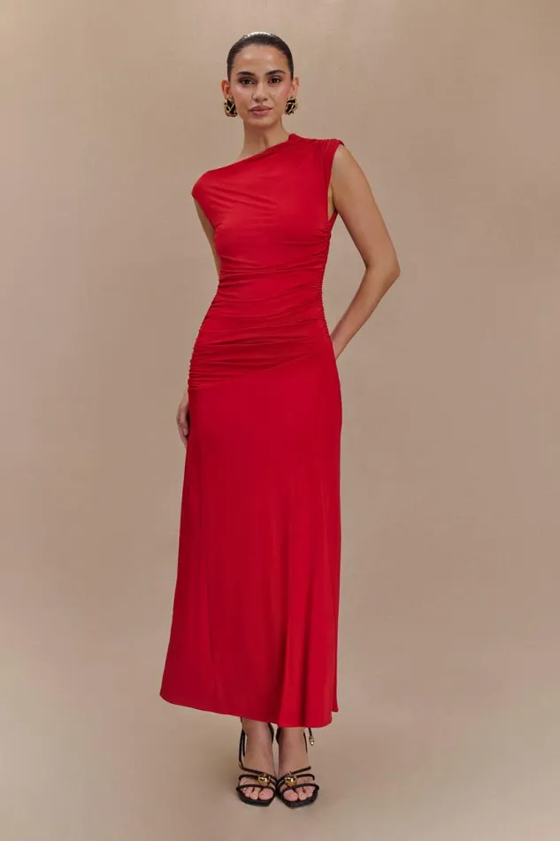 Women Meshki Dresses Navanna Asymmetric Slinky Midi Dress 8211 Red