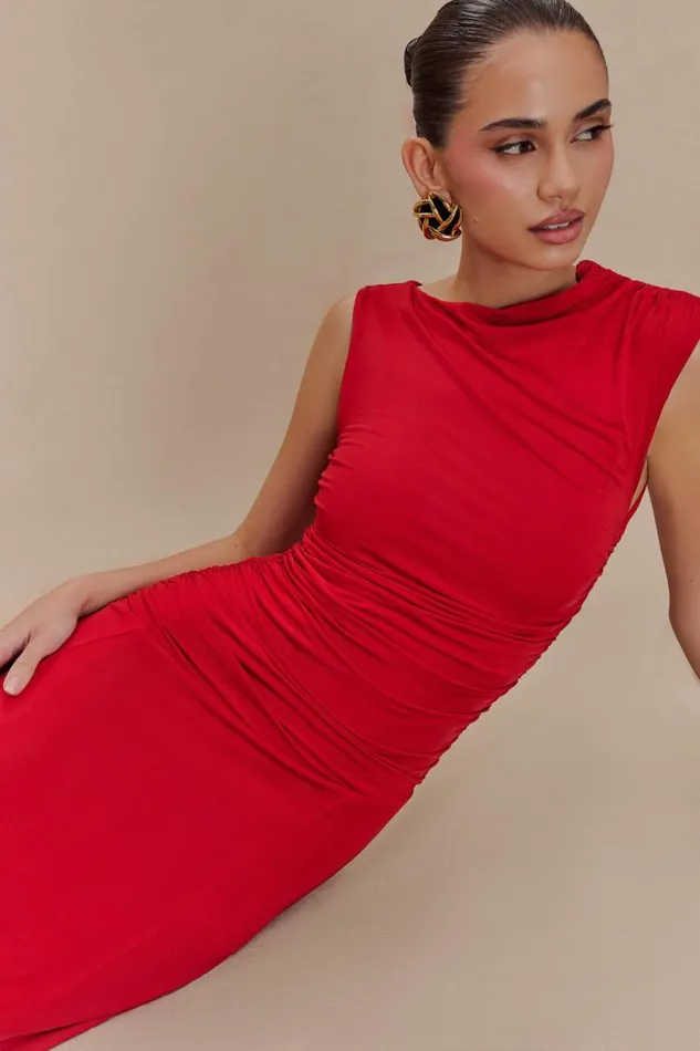 Women Meshki Dresses Navanna Asymmetric Slinky Midi Dress 8211 Red