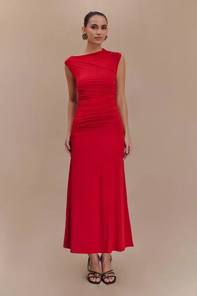 Women Meshki Dresses Navanna Asymmetric Slinky Midi Dress 8211 Red
