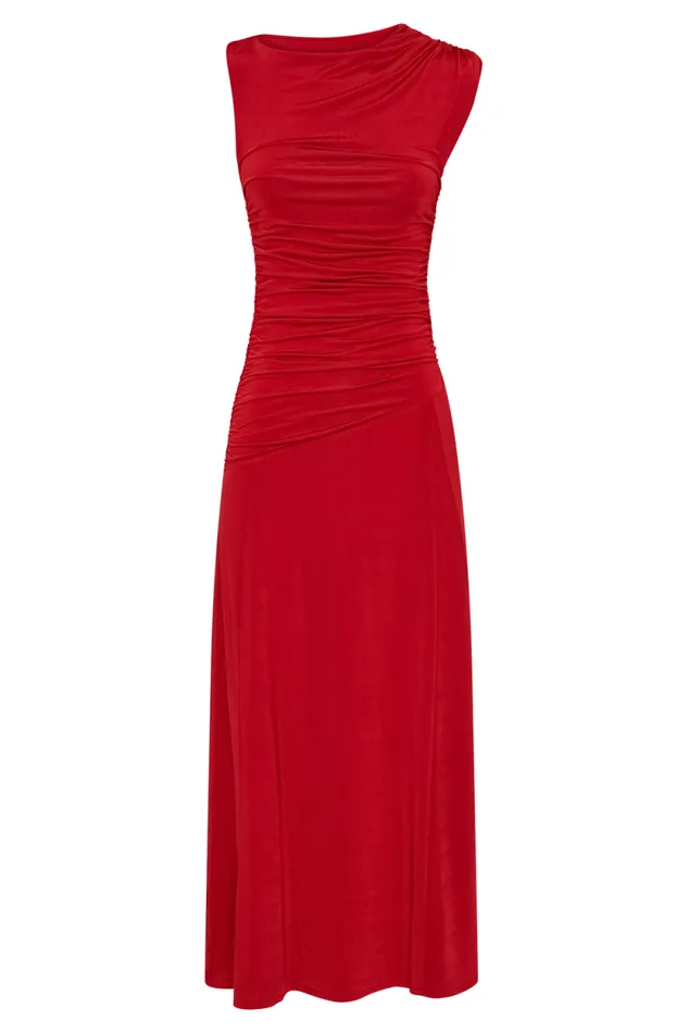 Women Meshki Dresses Navanna Asymmetric Slinky Midi Dress 8211 Red
