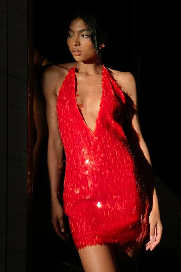 Women Meshki Dresses Primrose Sequin Halter Mini Dress 8211 Firey Orange