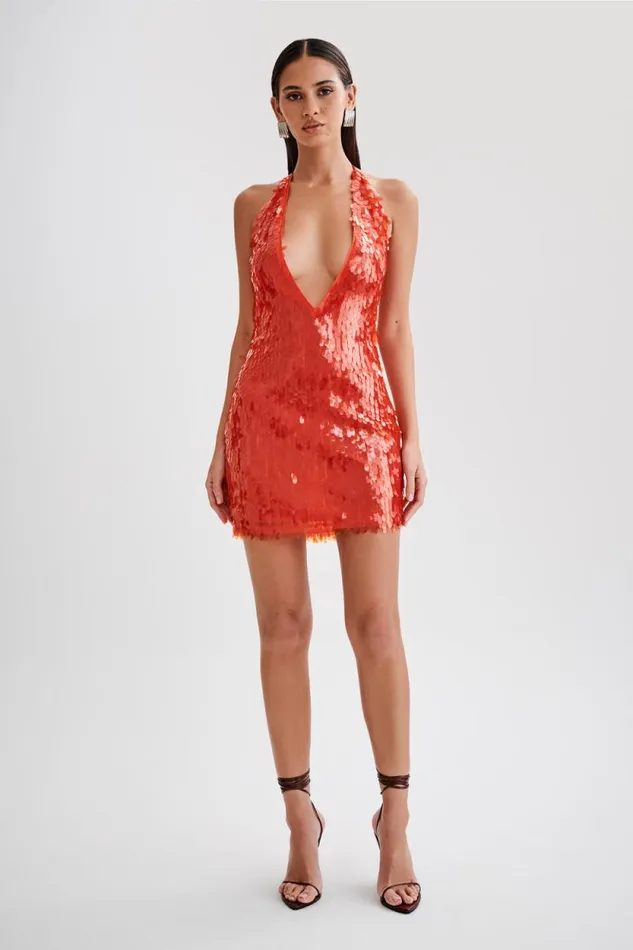 Women Meshki Dresses Primrose Sequin Halter Mini Dress 8211 Firey Orange