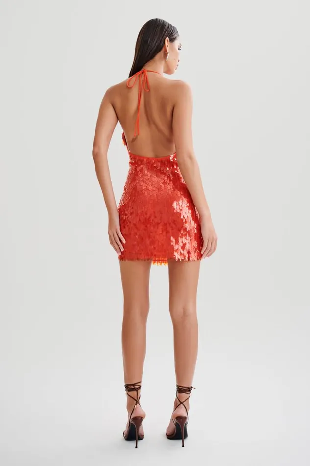 Women Meshki Dresses Primrose Sequin Halter Mini Dress 8211 Firey Orange