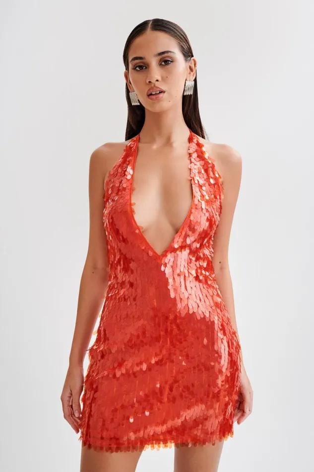 Women Meshki Dresses Primrose Sequin Halter Mini Dress 8211 Firey Orange
