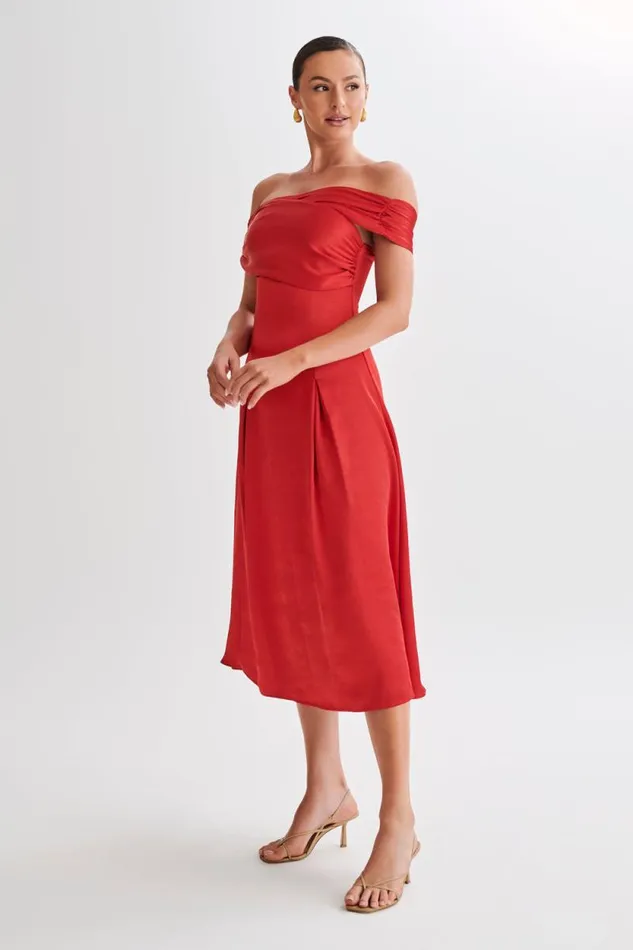 Women Meshki Dresses Sofie Off Shoulder Midi Dress 8211 Red