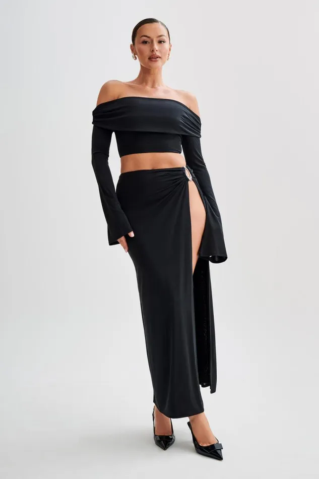 Women Meshki Dresses Suri Slinky Maxi Skirt With Silver Hardware 8211 Black