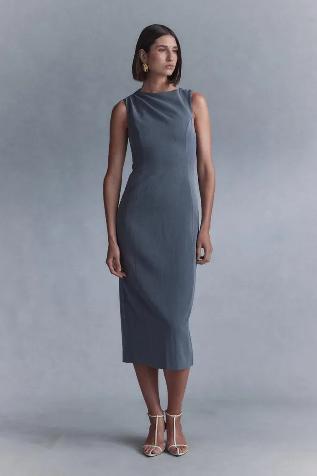 Women Meshki Dresses Taylor Draped Crepe Midi Dress 8211 Charcoal Marle