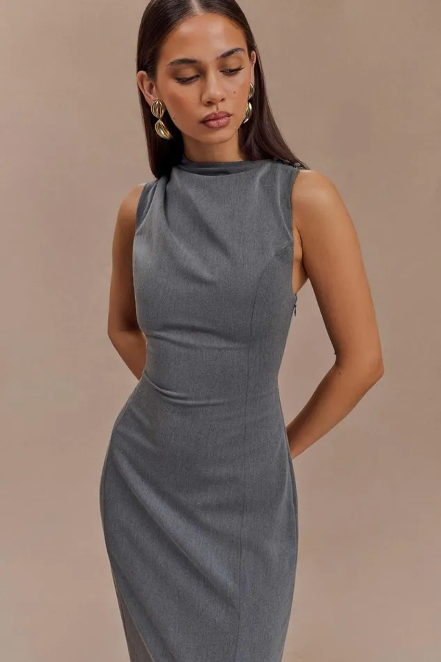 Women Meshki Dresses Taylor Draped Crepe Midi Dress 8211 Charcoal Marle