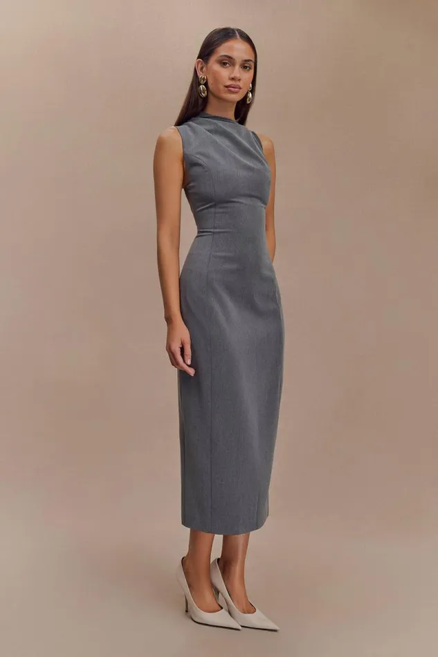 Women Meshki Dresses Taylor Draped Crepe Midi Dress 8211 Charcoal Marle