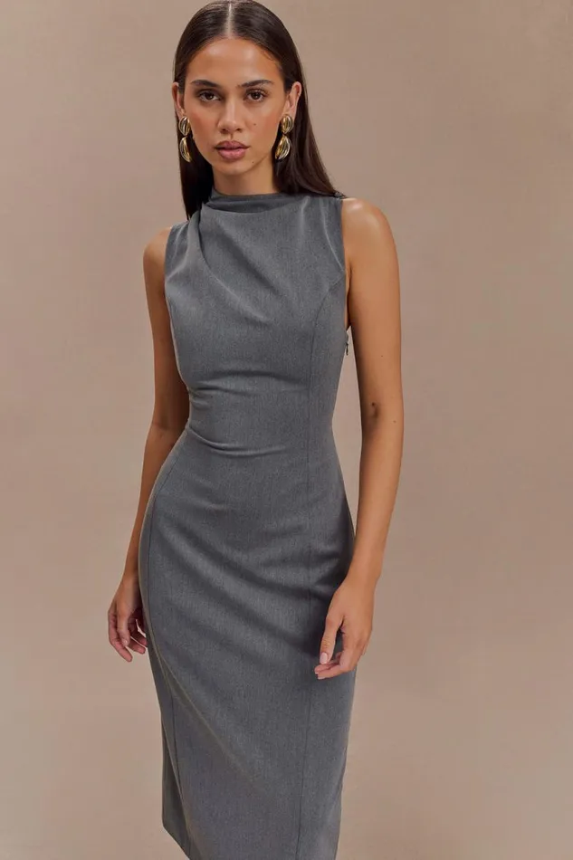 Women Meshki Dresses Taylor Draped Crepe Midi Dress 8211 Charcoal Marle